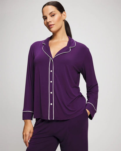 Long Sleeve Notch Collar w/ Piped Placket Pajama Top - BLACKBERRY | Soma Women
