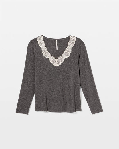 Lace Trim Long Sleeve Pajama Top - CHARCOAL HEATHER W/ SHINE | Soma Women