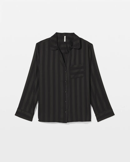 Shadow Stripe Long Sleeve Pajama Notch Collar Top - BLACK | Soma Women
