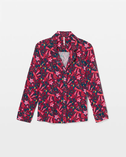 Cool Nights Long Sleeve Notch Collar with Piped Placket Pajama Top - HOLLY JOLLY RED VELVET | Soma Women