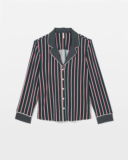 Cool Nights Long Sleeve Notch Collar with Piped Placket Pajama Top - MIDNIGHT STRIPE GREEN JOL | Soma Women