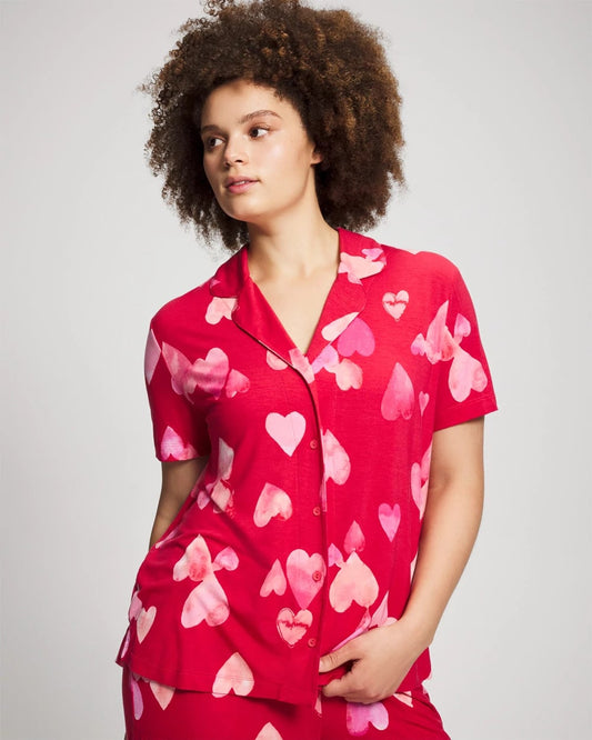 Short Sleeve Notch Collar Pajama Top - WHOLE LOTTA LOVE RED | Soma Women