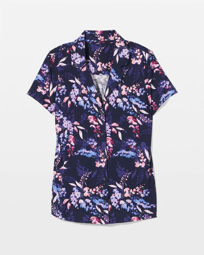 Short Sleeve Notch Collar Pajama Top - BLOOM BRIGHTLY NAVY | Soma Women