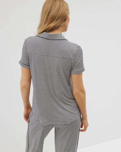 Piped Short Sleeve Notch Collar Pajama Top - NIGHTCAP STRIPE NAVY | Soma Women