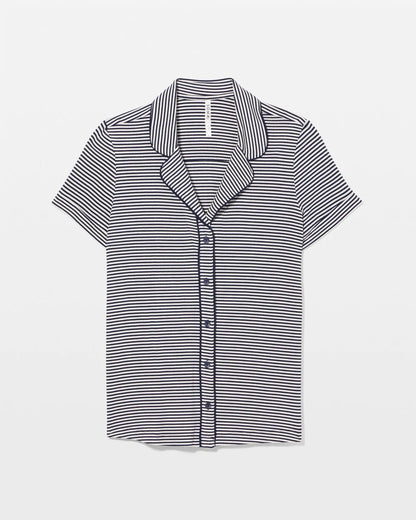 Piped Short Sleeve Notch Collar Pajama Top - NIGHTCAP STRIPE NAVY | Soma Women