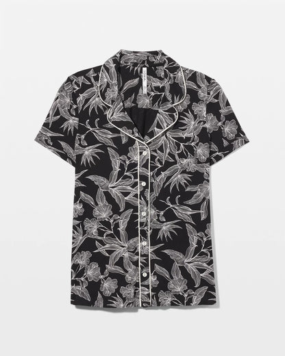 Piped Short Sleeve Notch Collar Pajama Top - PLUMERIA BLOOMS BLK CH | Soma Women