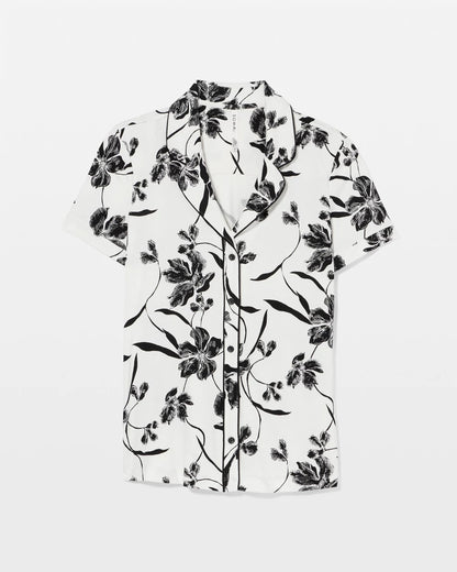 Piped Short Sleeve Notch Collar Pajama Top - REFLECTION BLOOMS CHAMP | Soma Women