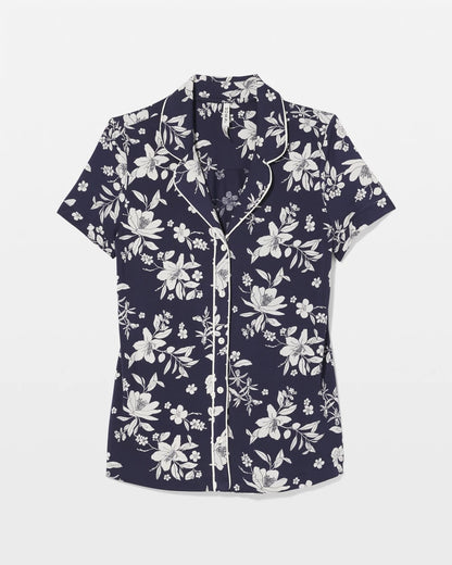 Piped Short Sleeve Notch Collar Pajama Top - PLUMERIA DREAM NAVY | Soma Women