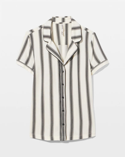 Piped Short Sleeve Notch Collar Pajama Top - HAMPTON STRIPE BLACK | Soma Women