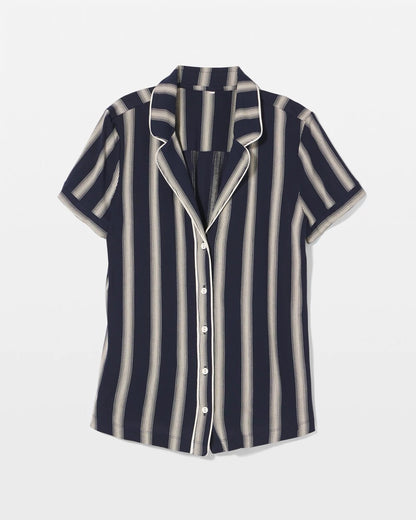 Piped Short Sleeve Notch Collar Pajama Top - HAMPTON STRIPE NA CHAMP | Soma Women