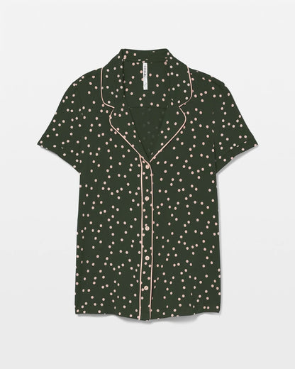 Piped Short Sleeve Notch Collar Pajama Top - MERRY DOT LUSH EMERALD | Soma Women