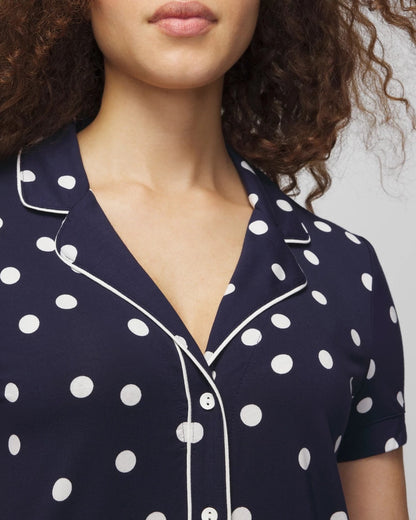 Piped Short Sleeve Notch Collar Pajama Top - MERRY DOT G NAVY/IVORY | Soma Women