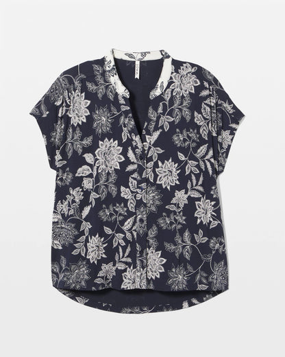Mandarin Collar Short Sleeve Pajama Top - MEANDERING GARDEN NAVY | Soma Women