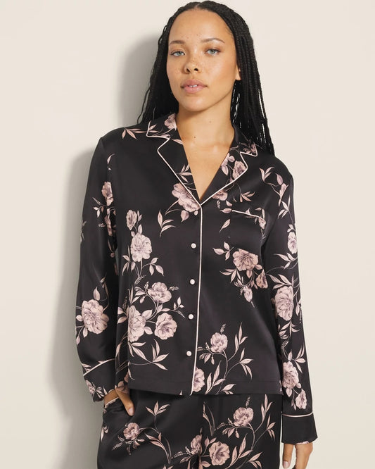 Long-Sleeve Notch Collar Pajama Top - NOSTALGIA FLORA BLACK | Soma Women